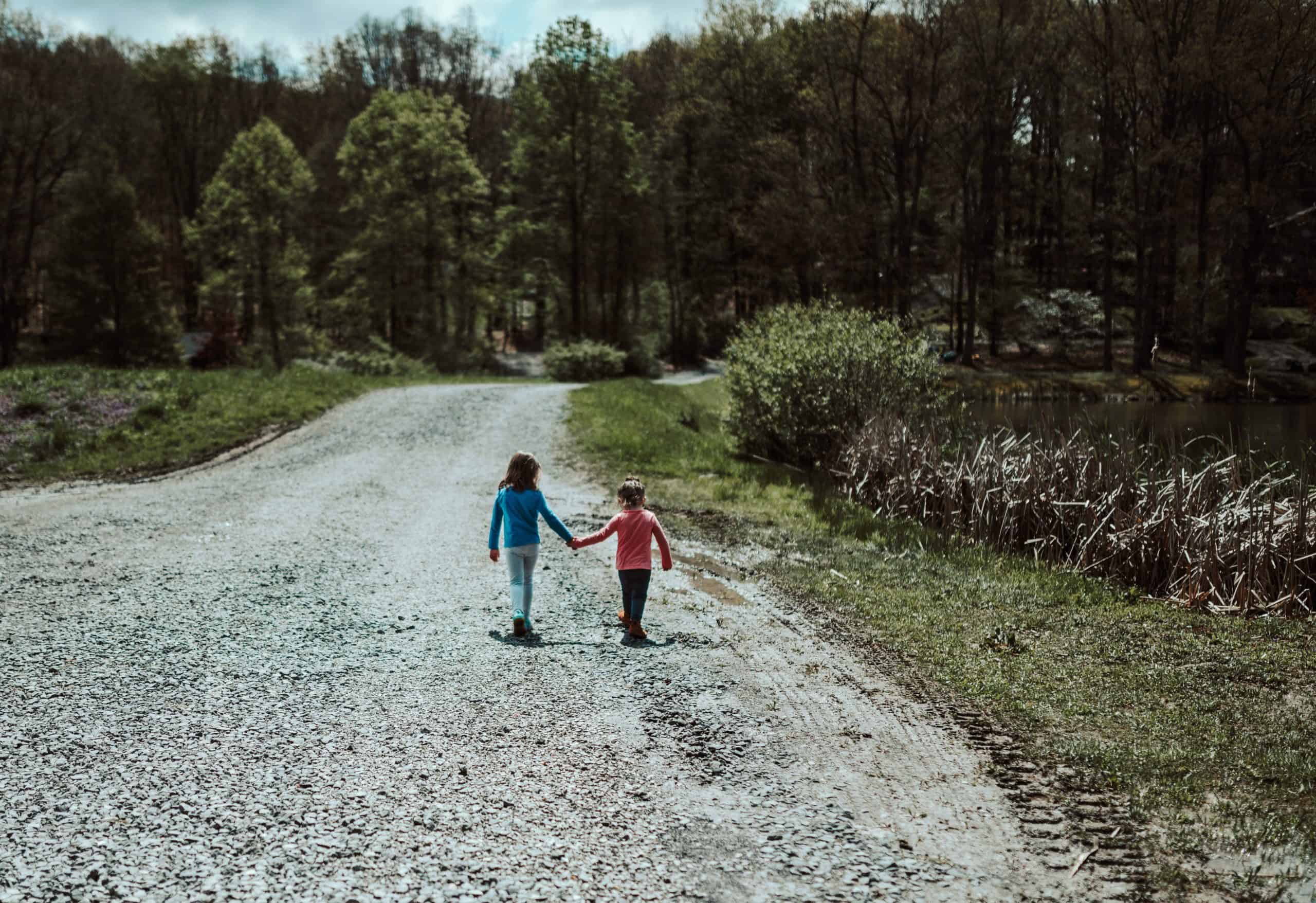 Two kids holding hands in nature